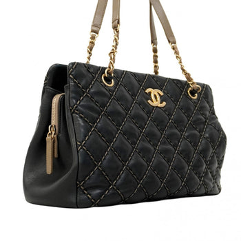 Chanel Shoulder Bag Wild Stitch Chain Leather Black Champagne