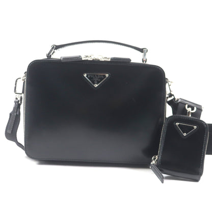 Prada 2Vh069 Brick Triangle Logo 2-Way Brushed Leather Shoulder Bag With Pouch
