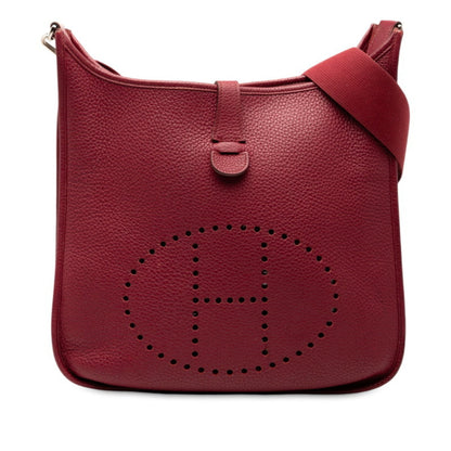 Hermes Herms Evelyne 1 Pm Shoulder Bag In Red With Silver Hardware And Taurillon Clemence Leather
