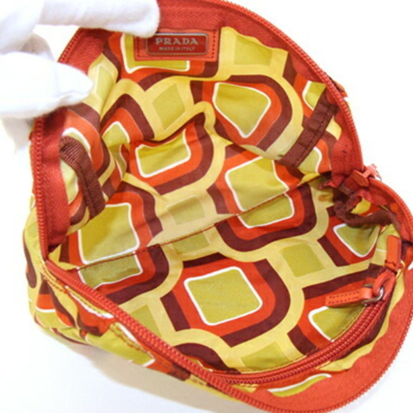 Prada Pouch Orange Light Green Nylon Leather Travel