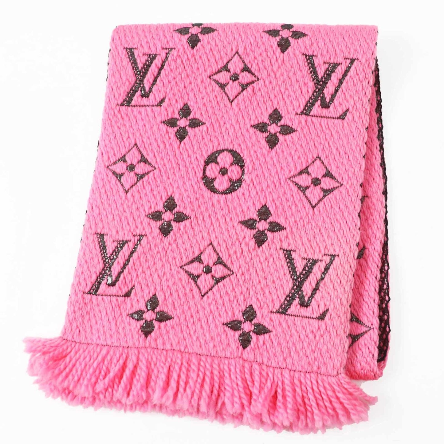 Louis Vuitton M76070 Echarpe Logomania Shine Wool And Silk Rose Pop Fringed Knit Scarf