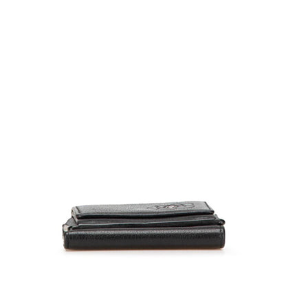 Chanel Camellia Coco Mark Tri-Fold Wallet Compact Black Lambskin