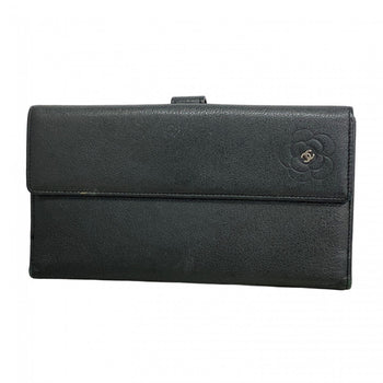 Chanel Camellia Leather Long Wallet Black