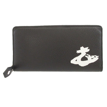 Unused Vivienne Westwood Orb Pattern Leather Black Round Zip Long Wallet 1657