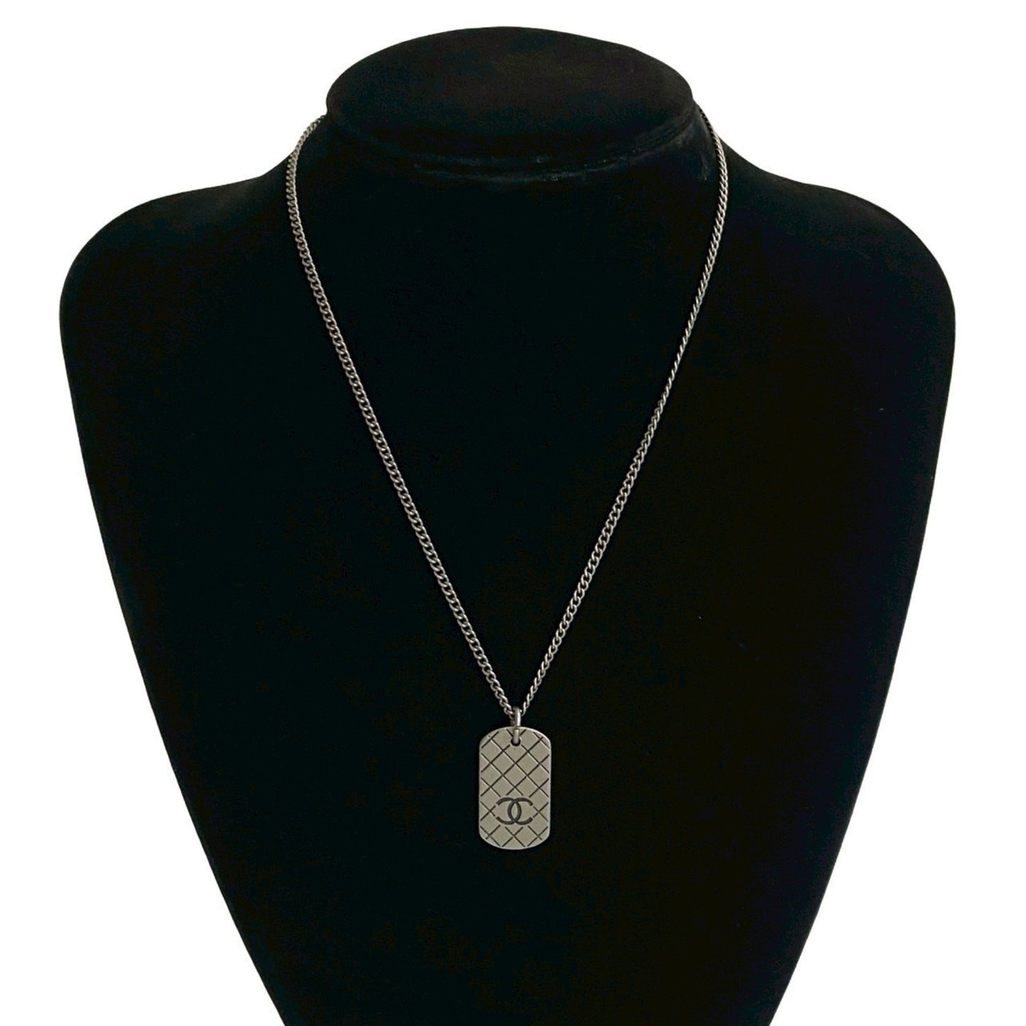 Chanel Coco Mark Plate Motif Metal Chain Necklace Pendant In Dark Silver
