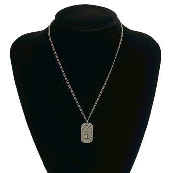 Chanel Coco Mark Plate Motif Metal Chain Necklace Pendant In Dark Silver