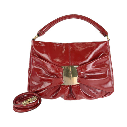 Salvatore Ferragamo Vara Red Gold Hardware Patent Leather Hobo Shoulder Bag Handbag 2Way