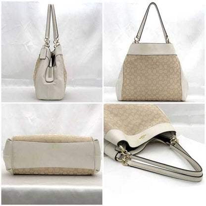 Coach Tote Bag Ec-23009 White Cream Signature F27579 Leather Canvas Coach Genuine
