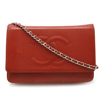Chanel Coco Mark Caviar Skin Chain Wallet Shoulder Bag Leather Red 8654