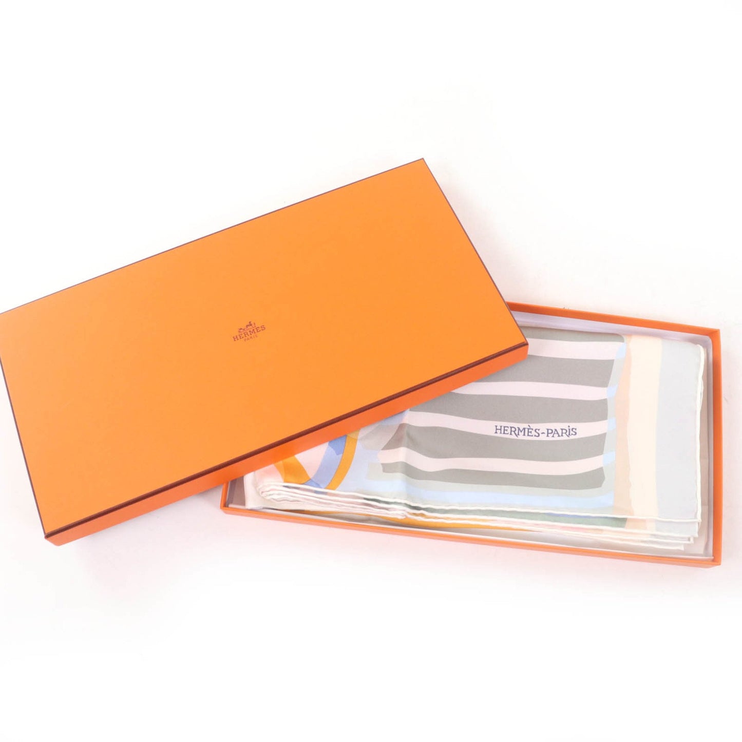 Hermes Rectangle Normandy Coast Charm 100% Silk Blanc Bleu Glacier Scarf With Box