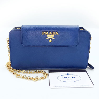 Prada Chain Wallet 1Zh048 Blue Saffiano Leather Long Shoulder