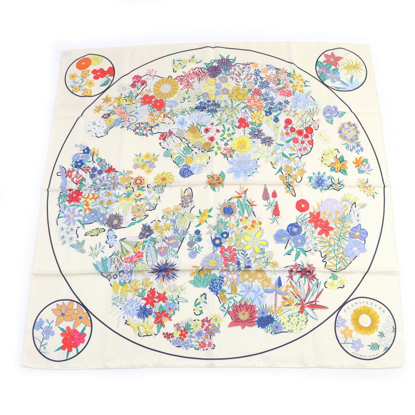 Hermes Carr 90 Plani Fleur 100% Silk Scarf