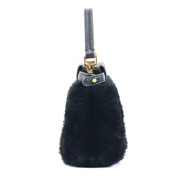 Fendi Shoulder Bag Handbag Micro Peekaboo Fur Leather Black Gold