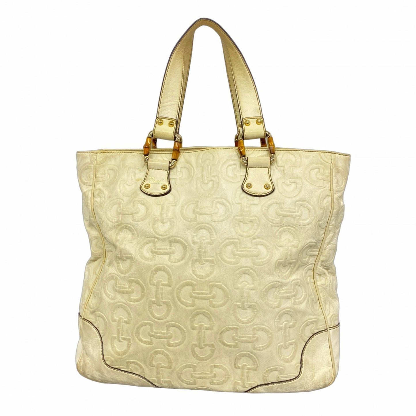 Gucci Bamboo Horsebit Handbag 154375 Leather Ivory Champagne