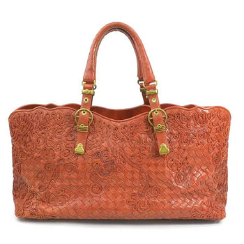 Bottega Veneta Intrecciato Leather Handbag In Orange Brown And Gold