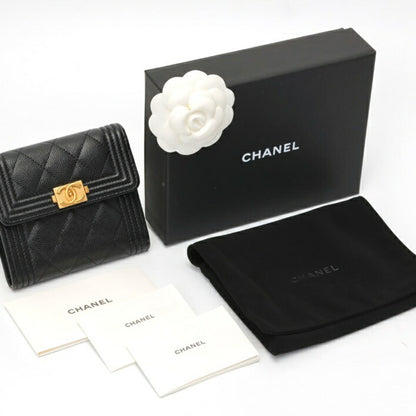Chanel Boy Chanel Tri-Fold Wallet Compact A80743 Caviar Skin Black S-157722