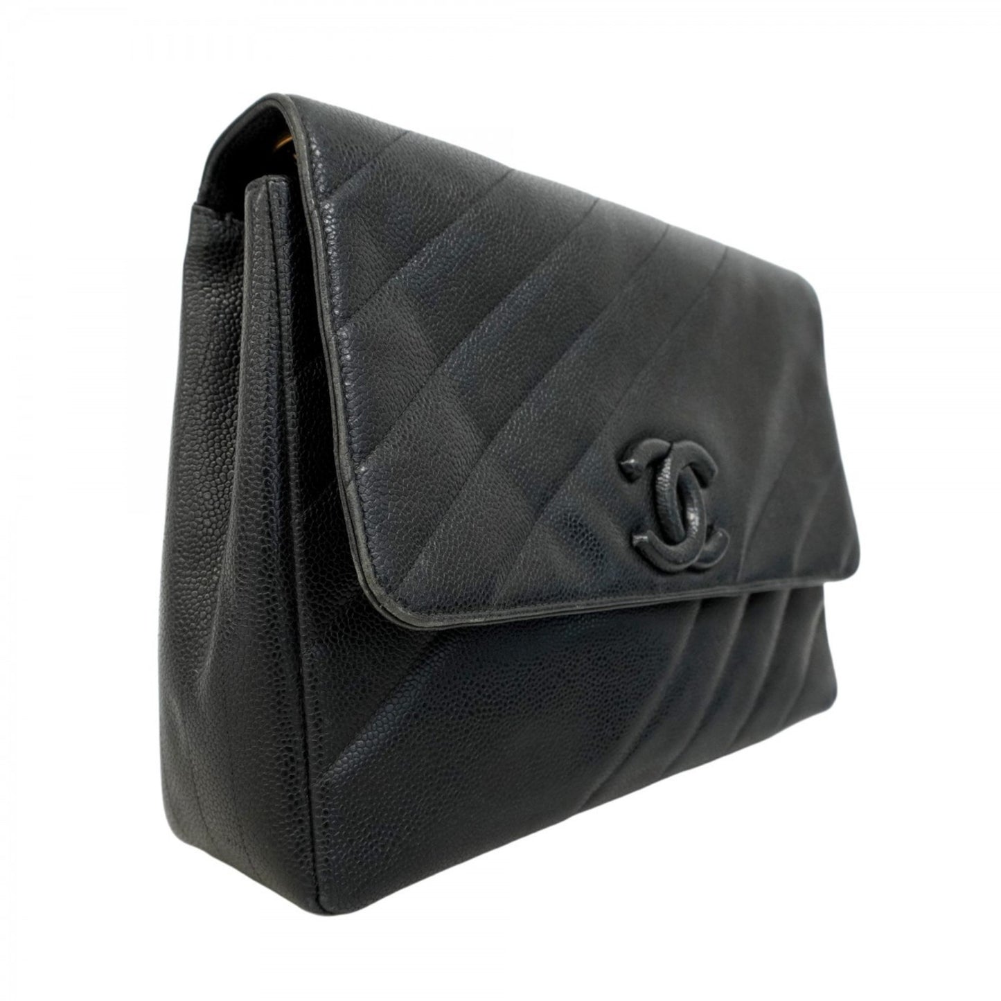 Chanel Shoulder Bag W Chain Bias Stitch Caviar Leather Black