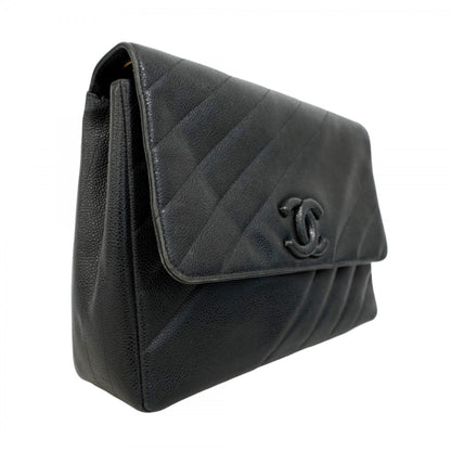 Chanel Shoulder Bag W Chain Bias Stitch Caviar Leather Black