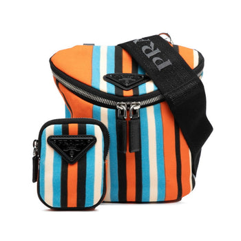 Prada Triangle Logo Plate Striped Shoulder Bag 2Vh147 Orange Black Multicolor Canvas Leather