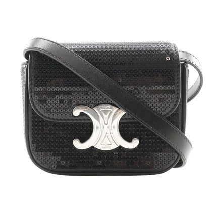 Celine Mini Triomphe Shoulder Bag Clutch Leather X Sequins Black 2Way Snap Button