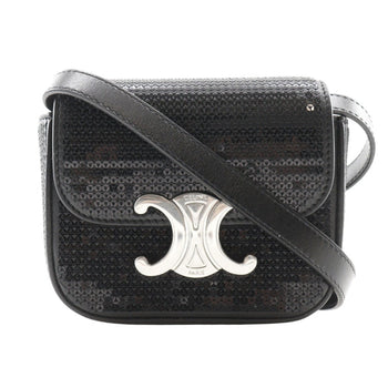Celine Mini Triomphe Shoulder Bag Clutch Leather X Sequins Black 2Way Snap Button