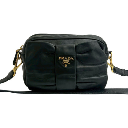 Prada Prada Logo Ribbon Motif Leather Mini Shoulder Bag Pochette Sacoche Black E74-6