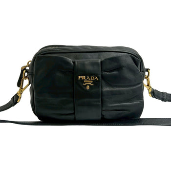 Prada Prada Logo Ribbon Motif Leather Mini Shoulder Bag Pochette Sacoche Black E74-6