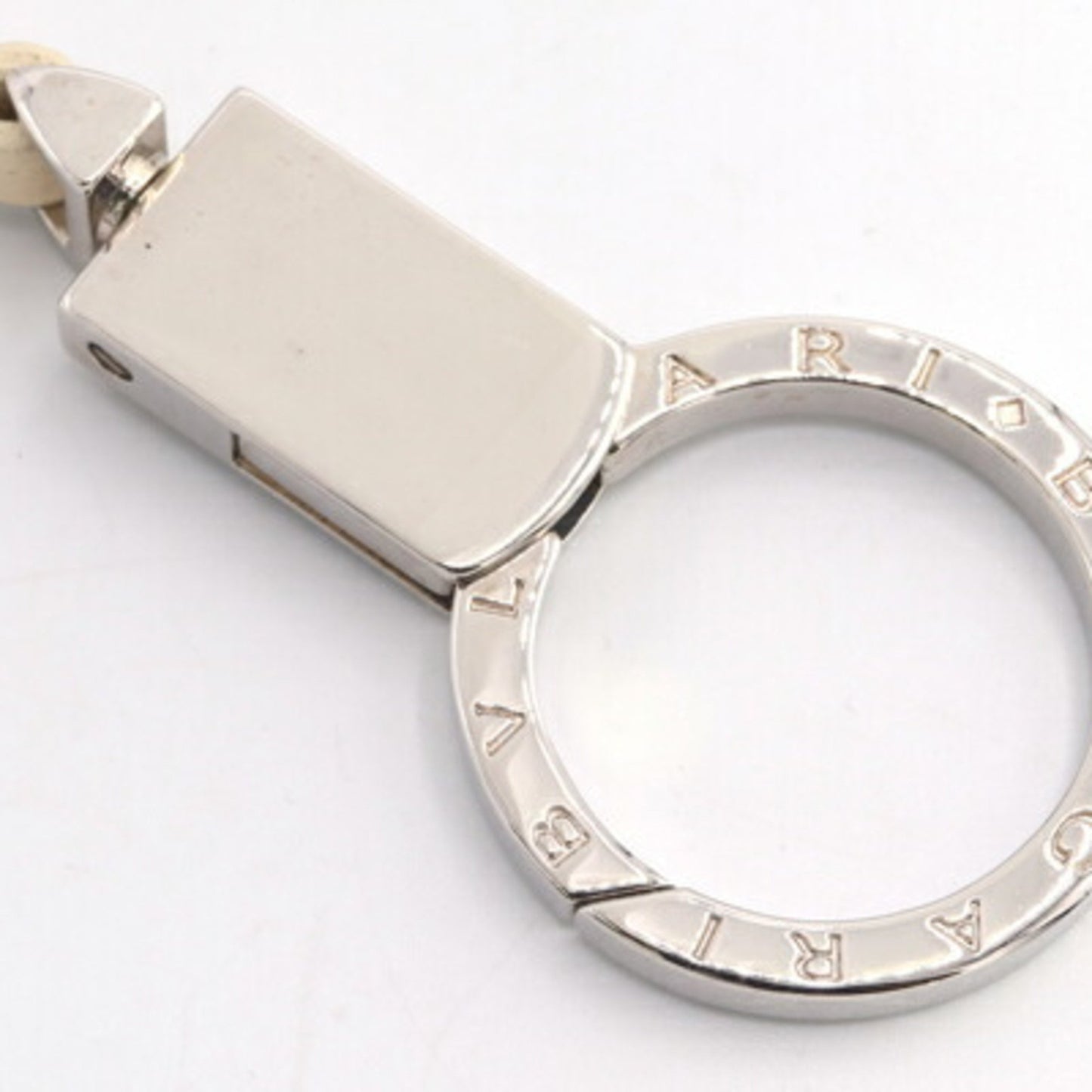 Bvlgari B.Zero1 Neck Strap Keychain 22170 Ivory Silver Leather Metal Key Ring