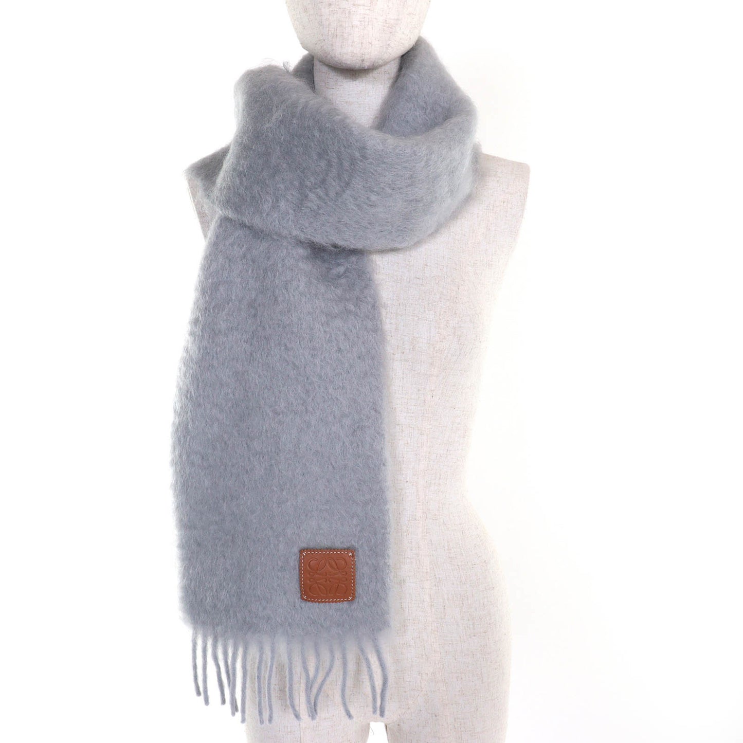 Loewe F655254X01 Mohair Wool Scarf With Anagram Leather Patch And Fringe