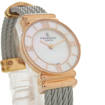 Unused Charriol Saint-Tropez 028Pi.540.556 Stainless Steel White Shell Pink Gold Dial Quartz