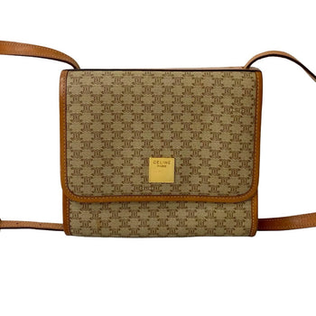 Celine Macadam Blason Pattern Logo Hardware Reversible Leather Shoulder Bag Beige Brown 35774