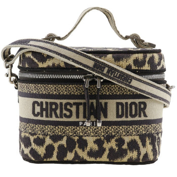 Christian Dior Vanity Handbag Shoulder Leopard Canvas Beige 2Way Double