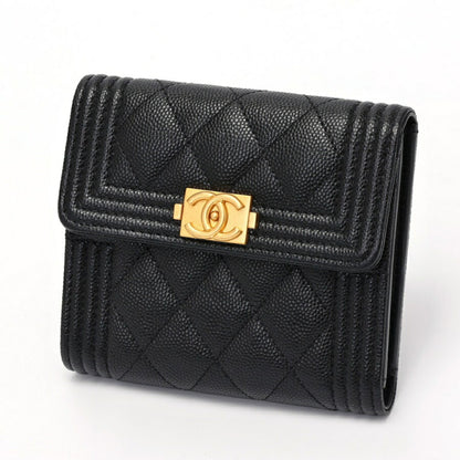 Chanel Boy Chanel Tri-Fold Wallet Compact A80743 Caviar Skin Black S-157867
