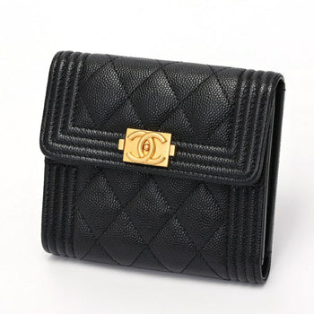Chanel Boy Chanel Tri-Fold Wallet Compact A80743 Caviar Skin Black S-157867