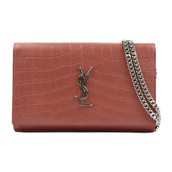 Saint Laurent Wallet Chain Shoulder Bag Embossed Leather Pink Brown Silver