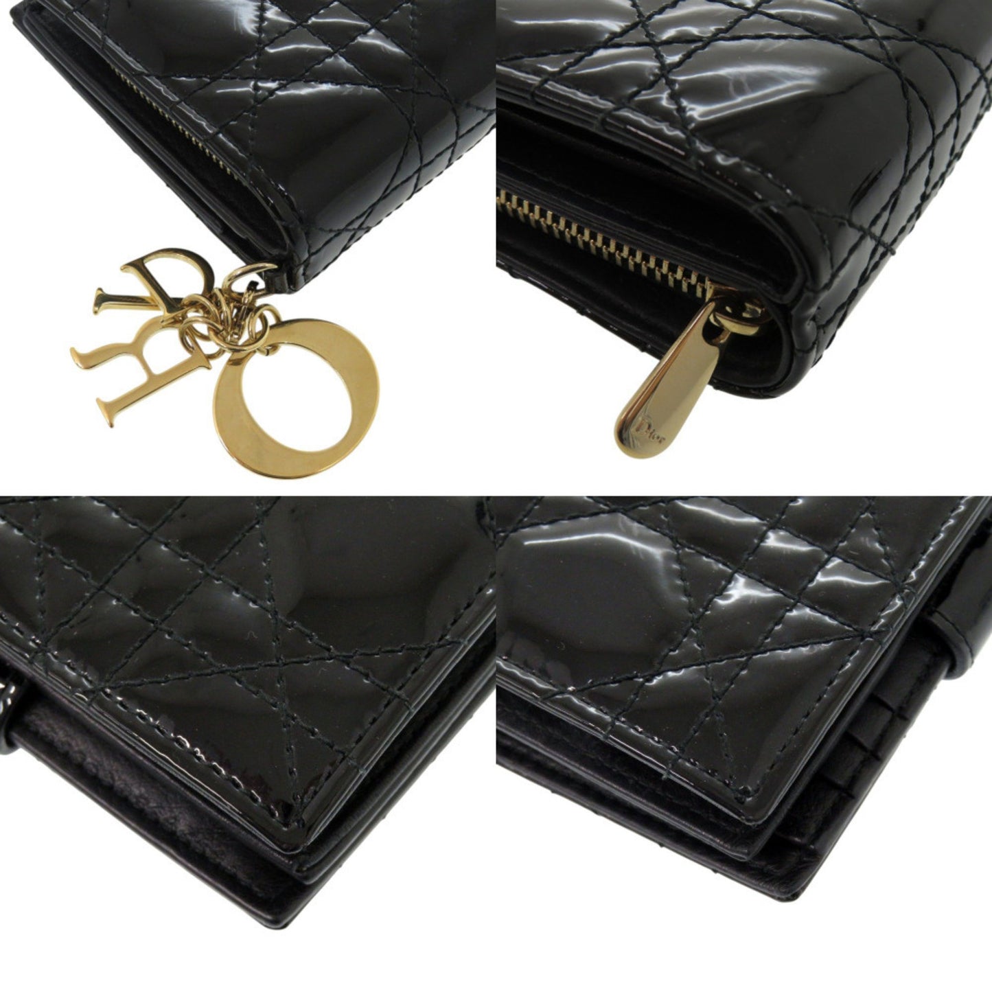 Christian Dior Dior Cannage Logo Charm Patent Leather/Enamel Black Bifold Wallet With Gold Hardware