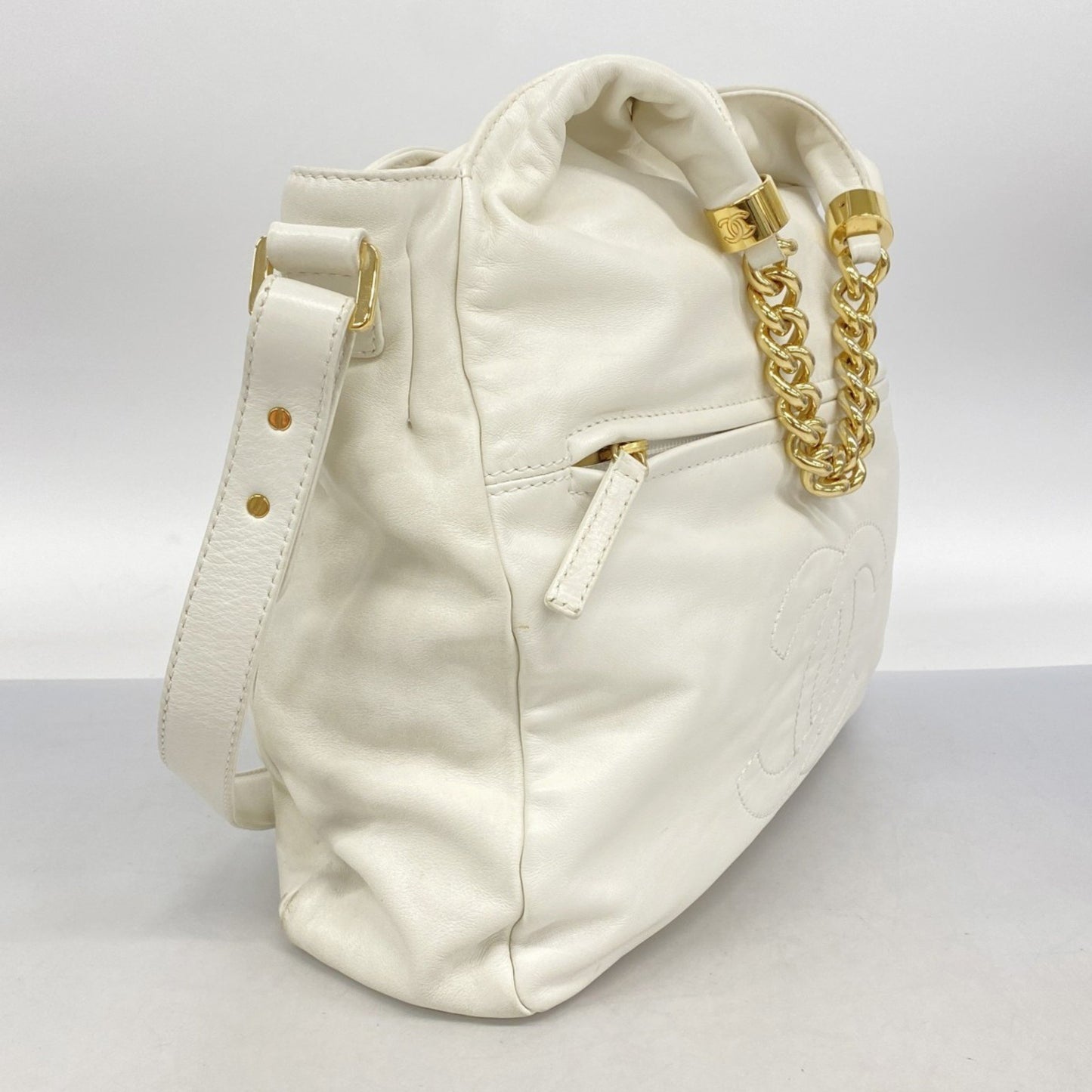 Chanel Shoulder Bag Chain Leather White 2-Way