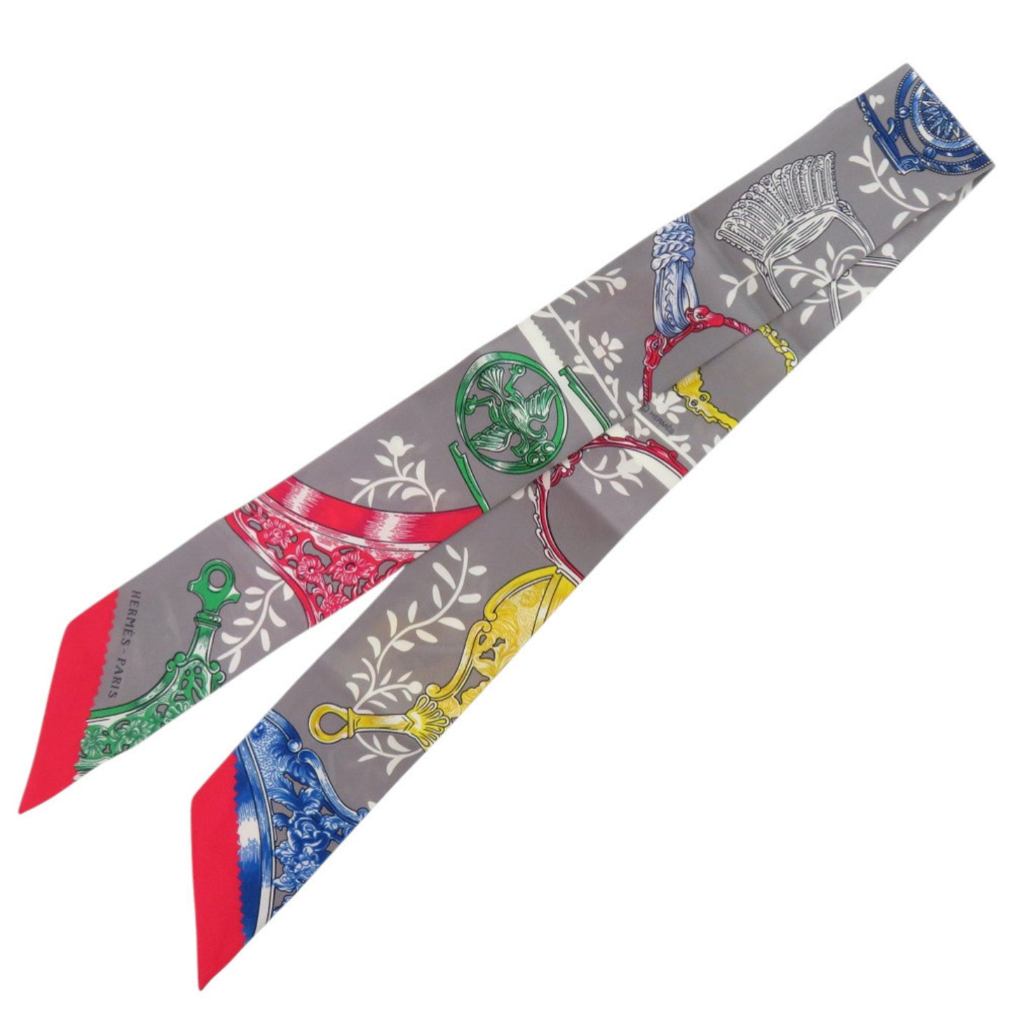 Herms Twilly Stirrup Remix Silk Gris Asier Rouge Scarf Muffler 0187 Hermes