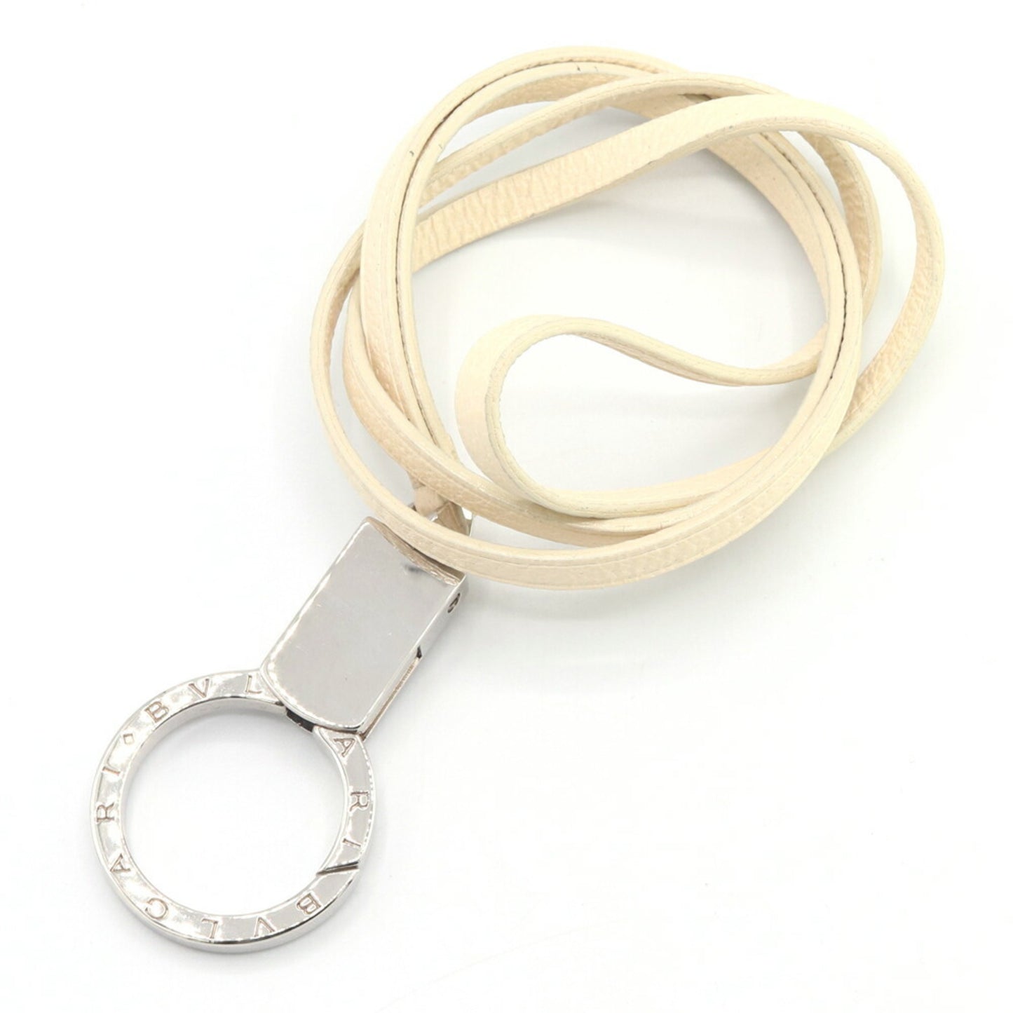 Bvlgari B.Zero1 Neck Strap Keychain 22170 Ivory Silver Leather Metal Key Ring