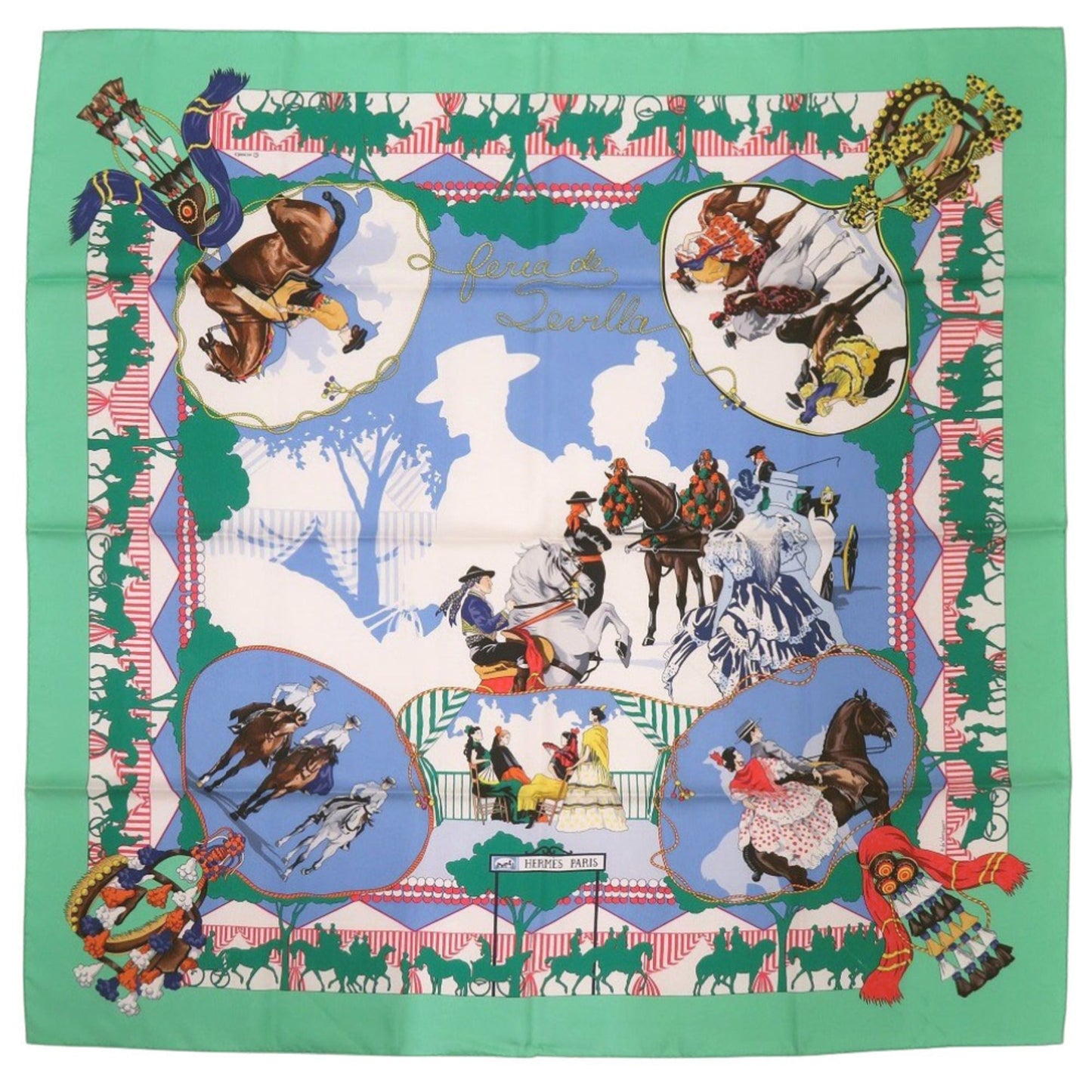 Herms Carr 90 Feria De Sevilla Seville Holidays Silk Green Scarf Muffler 0119 Hermes