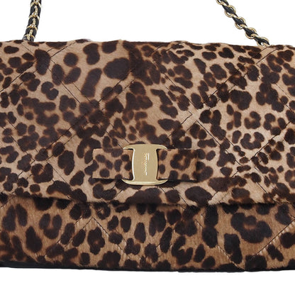 Salvatore Ferragamo Pony Leopard Print Vara Ribbon Chain Shoulder Bag Brown Au-21/E767