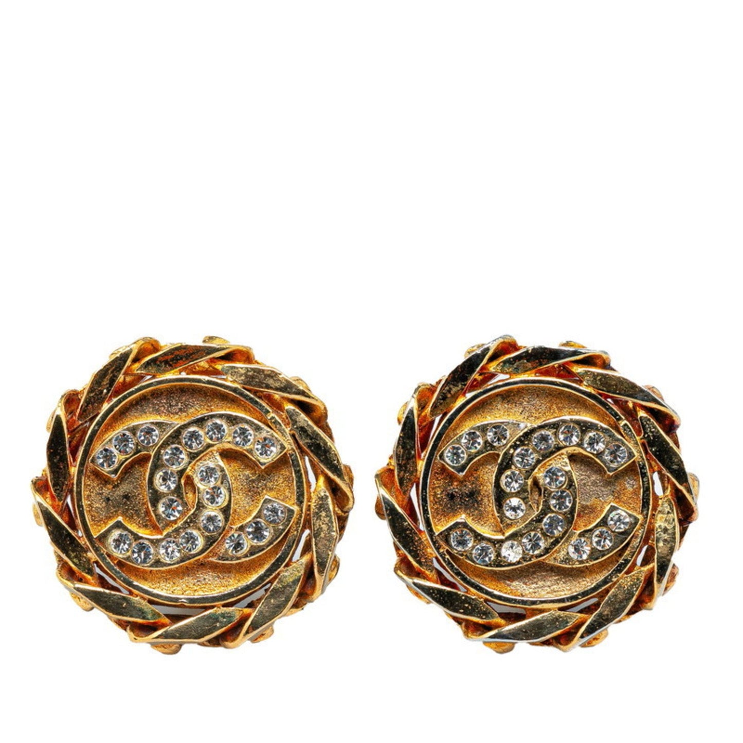 Chanel Coco Mark Windmill Motif Earrings Gold Plated Rhinestones