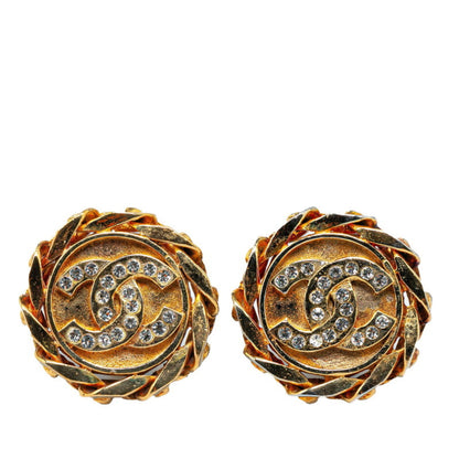 Chanel Coco Mark Windmill Motif Earrings Gold Plated Rhinestones