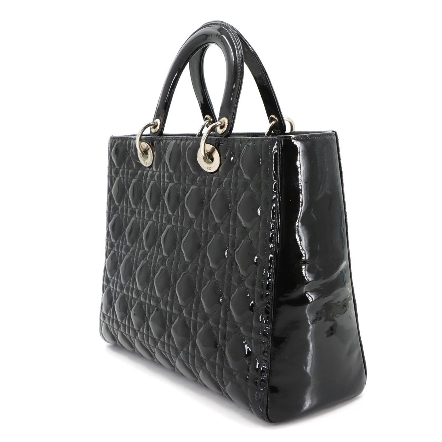 Christian Dior Cannage Lady Large 2-Way Hand/Shoulder Bag In Black Enamel