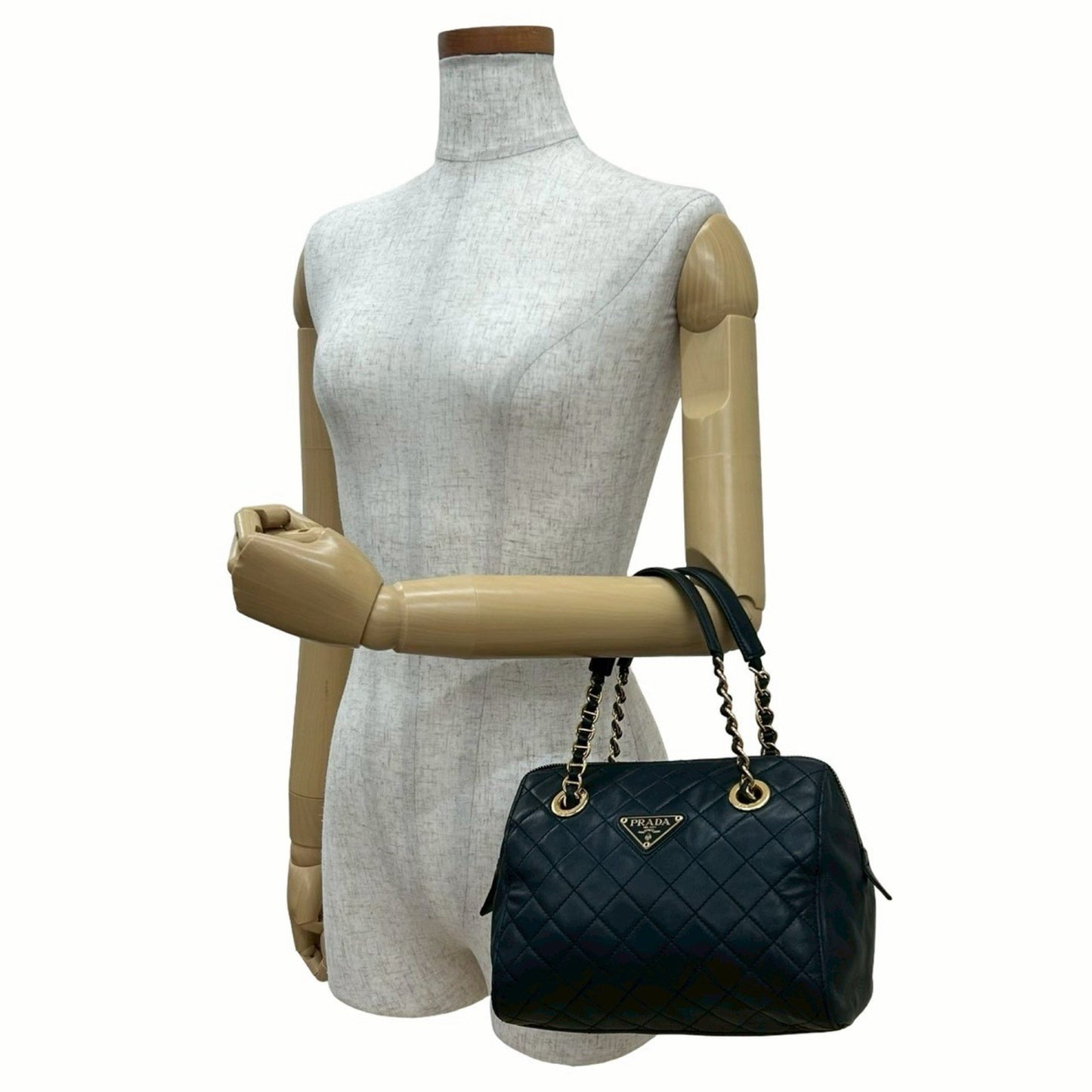 Prada Triangle Logo Quilted Leather Chain Handbag/Mini Boston Bag Navy 21982