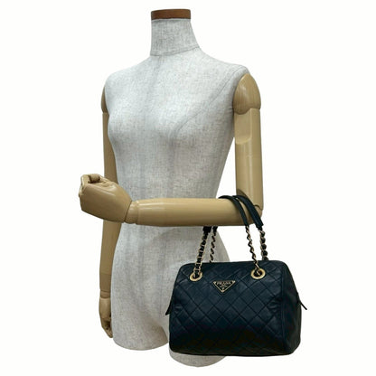 Prada Triangle Logo Quilted Leather Chain Handbag/Mini Boston Bag Navy 21982