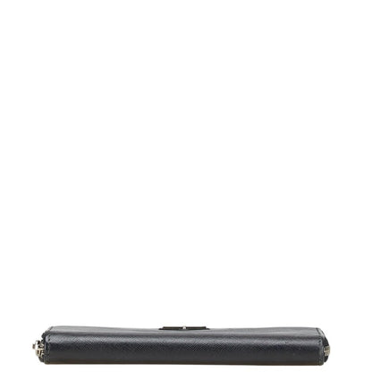 Prada Triangle Logo Plate Long Wallet Round Zipper Black Leather