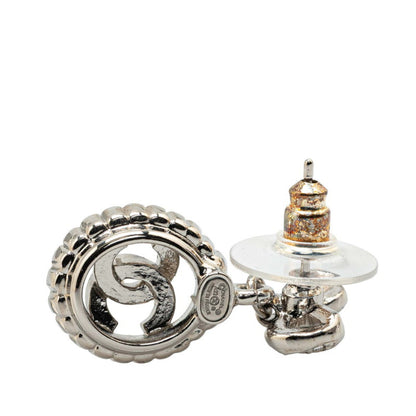 Chanel Coco Mark Ribbon Motif Rhinestone Stud Earrings In Silver Metal