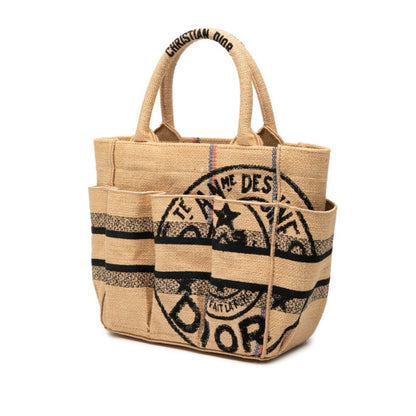 Christian Dior Dior Catherine Small Handbag Tote Bag Beige Multicolor Canvas Jute