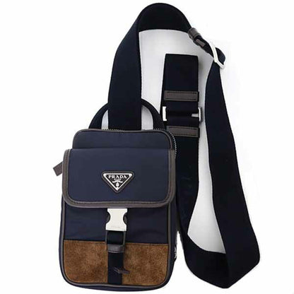 Prada Re-Nylon X Leather Smartphone Case/Shoulder Bag 2Zh194 F0C1B Blu+Caffe Navy/Dark Brown